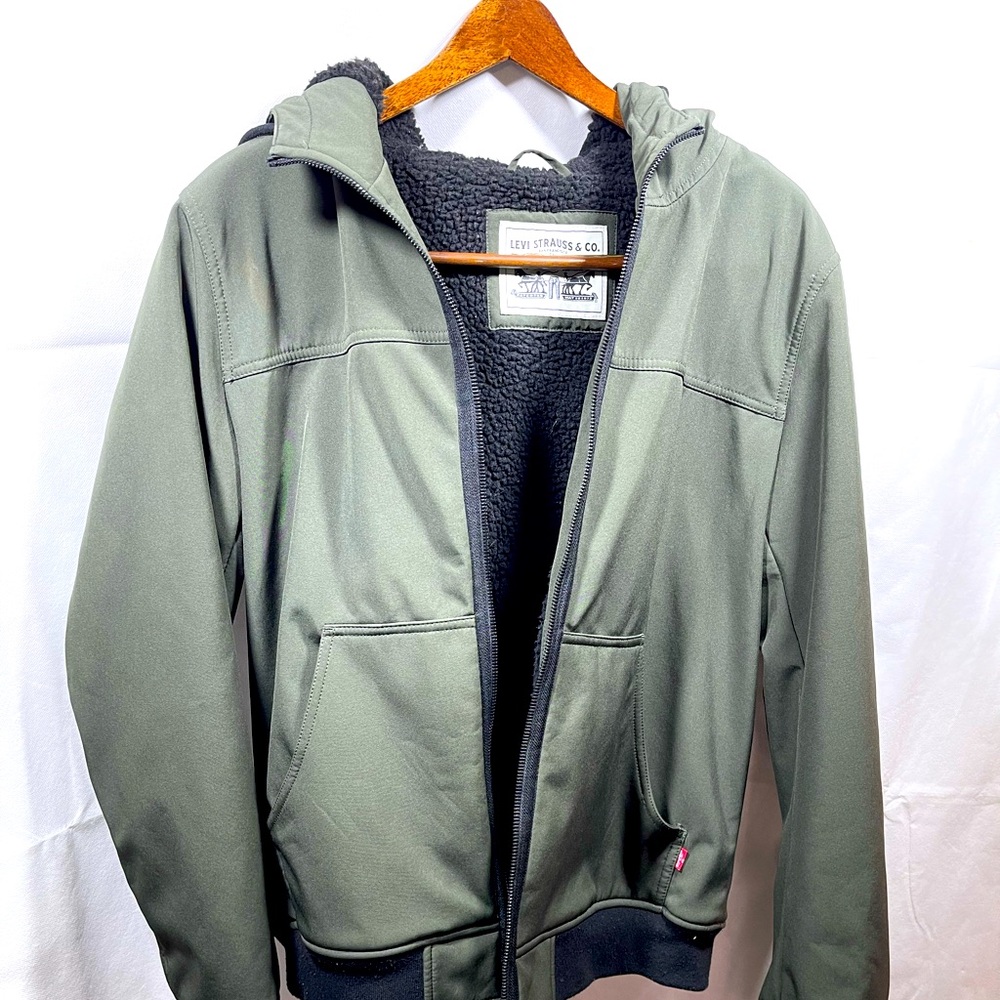 Levi Strauss Jacket men’s medium green Sherpa lined full zip hooded jacket 50
